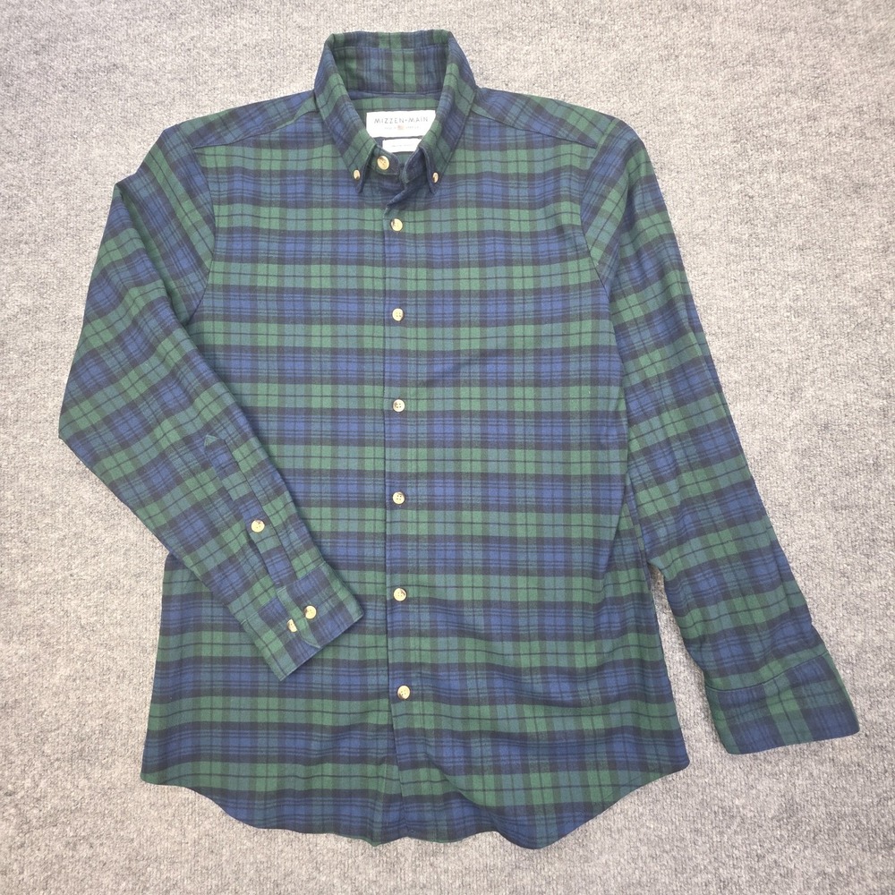 Mizzen + Main Flannel Button Up Shirt Men's Medium TRIM Fit Blue Green Tartan